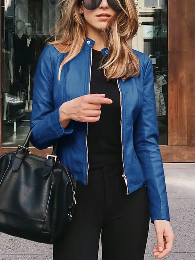 Women's Faux Leather Jacket Clean Fit Faux Motorcycle Moto Biker Coat Plus Size Short Zipper Jacket Light Pink Navy Wine Red ArmyGreen  Chic & Modern Street Fall Collarless Slim Fit S M L XL XXL XXXL