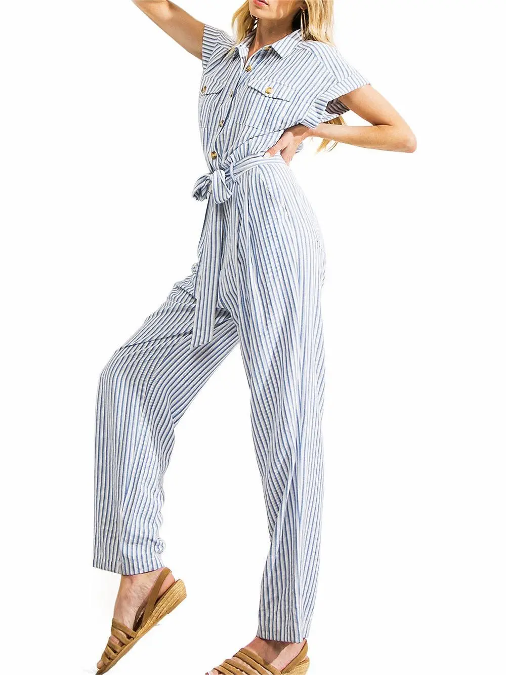 Tied Waist Stripe Jumpsuit