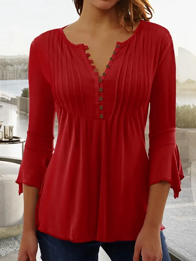 Women's Shirt Tunic Blouse Plain Casual Black White Wine Button Flowing tunic 3/4 Length Sleeve Basic V Neck Regular Fit