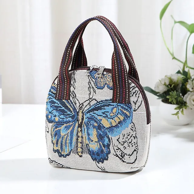 Women's Handbag Polyester Cotton Party Daily Zipper Large Capacity Breathable Durable Folk Blue butterfly Yellow Elephant Black elephant