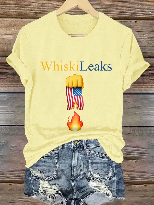 Retro Whiskileaks Fist Flag Fire Print T-Shirt