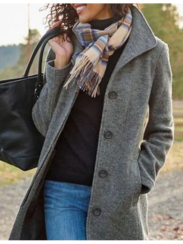 Women's Wool Coat Fall Pea Coat Winter Warm Overcoat Casual Daily Street Style Smocked Single Breasted Turndown Green Dark Grey Regular Fit S M L XL XXL 3XL / Windproof