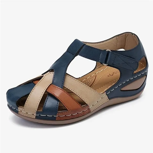 Women's Sandals Wedge Sandals Comfort Shoes Plus Size Outdoor Office Daily Summer Buckle Wedge Heel Round Toe Closed Toe Classic Casual Walking Shoes PU Leather Faux Leather Magic Tape Color Block