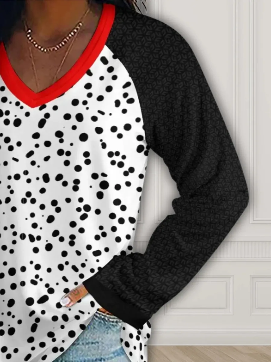 Red Trim Dot V-Neck Top