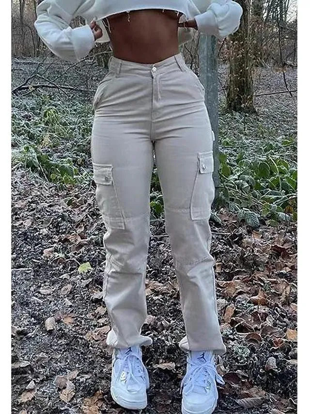 Women's Cargo Pants Pants Trousers Full Length Cotton Blend Micro-elastic Mid Waist Fashion Casual Weekend Beige S M Summer Spring &  Fall