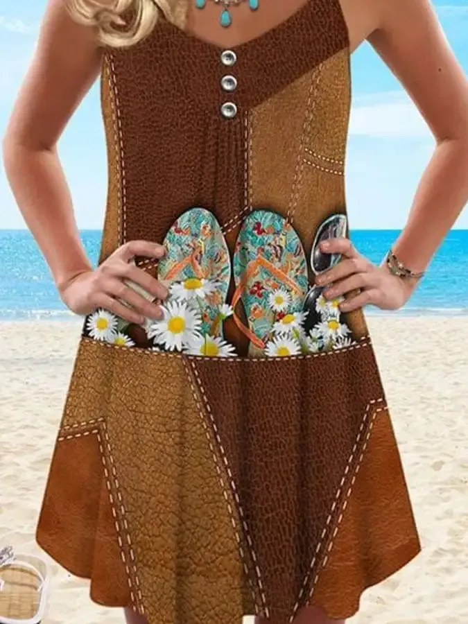 Vacation Daisy Slipper Starfish Sunglasses Print Spaghetti Strap Dress Swimsuit Coverup