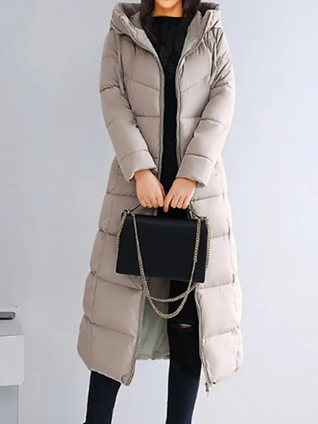 Women's Puffer Jacket Winter Jacket Winter Coat Hoodie Jacket Street Daily Valentine's Day Fall Winter Long Coat Regular Fit Warm Breathable Casual Jacket Long Sleeve Solid Color Full Zip Black Dusty