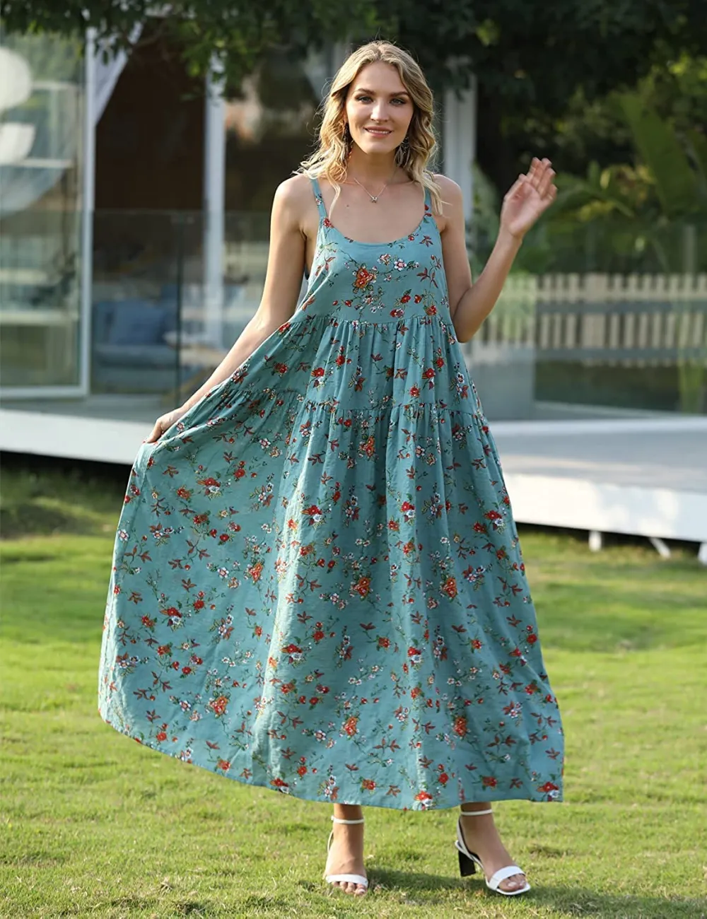 Summer Dresses for Women Casual Loose Bohemian Floral Dress with Pockets Spaghetti Strap Maxi Dress E75
