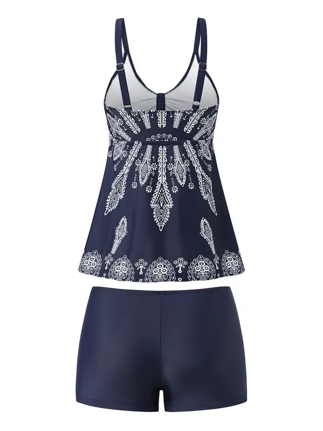 Vacation Ethnic Printing V neck Tankinis Two-Piece Set