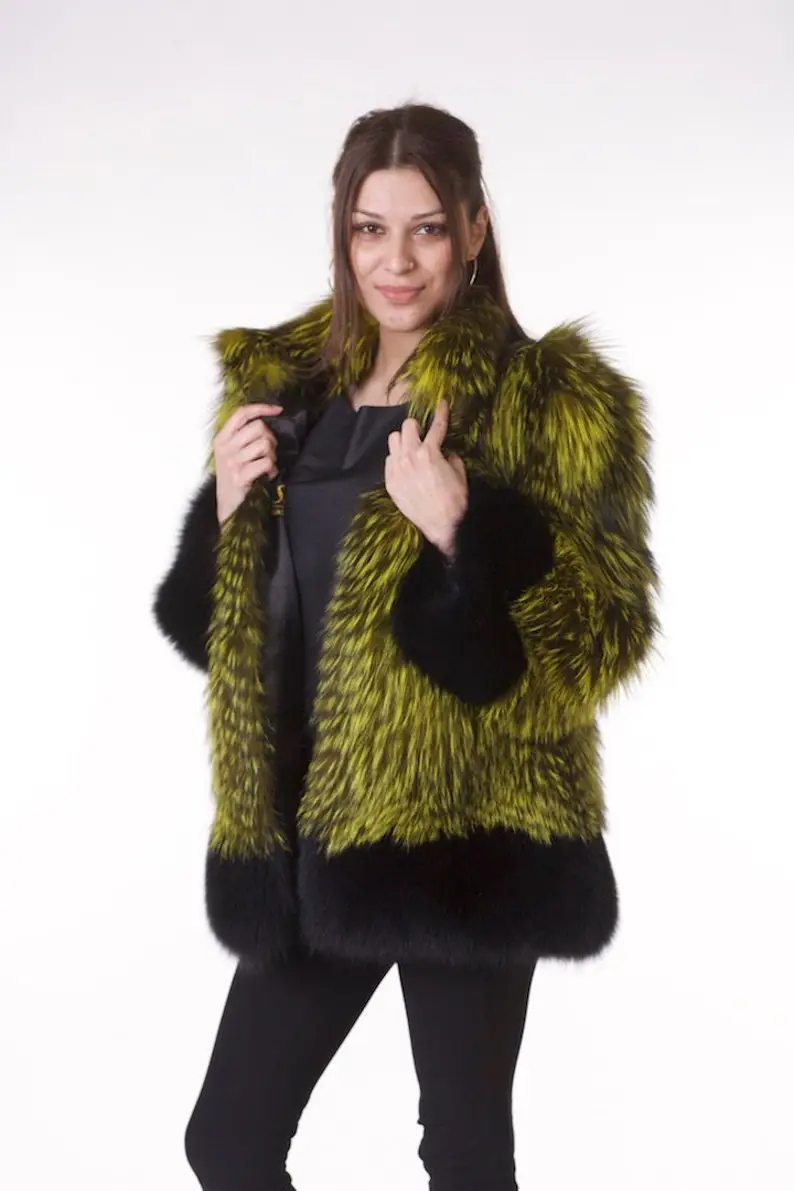 Lime Green and Black Fox Fur Coat Women’s