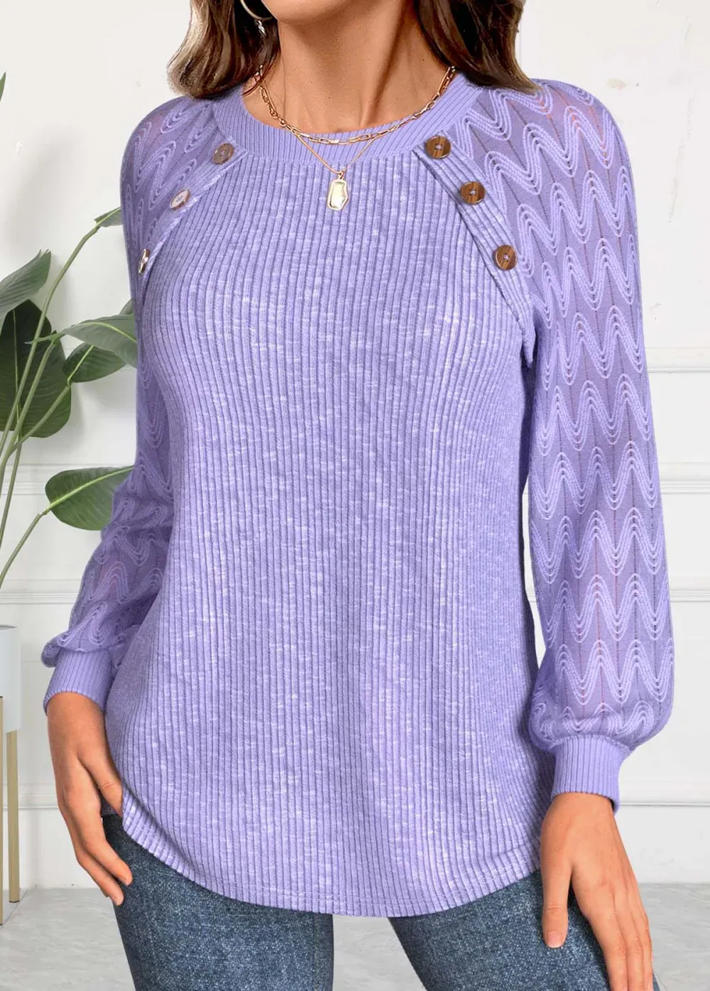 Light Purple Lace Long Sleeve Round Neck Sweatshirt