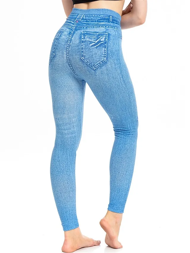 Women's Slim Pants Trousers Leggings Full Length Faux Denim Pocket High Cut High Elasticity High Waist Fashion Streetwear Street Causal Lake Blue Royal Blue S M Summer Fall