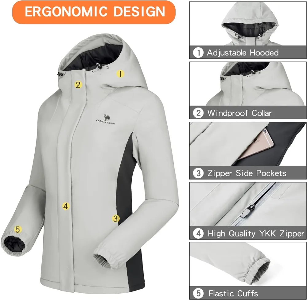 Women's Waterproof Mountain Ski Snow Jacket with Fleece Outdoor Windproof Raincoat Hooded for Fall and Winter