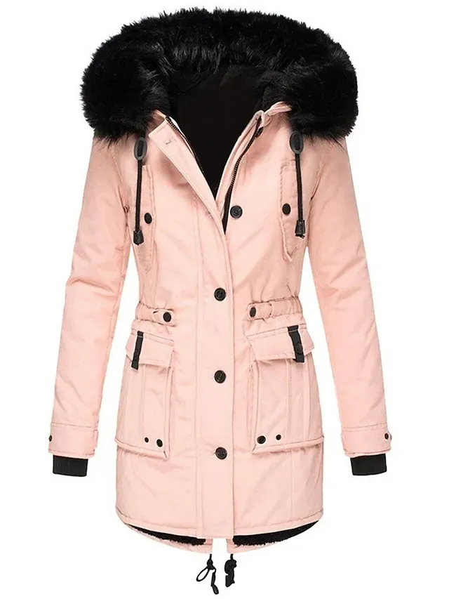 Women's Parka Winter Coat Mid-Length Puffer Jacket with Fur Collar Thermal Warm Heated Jacket Fleece Lined with Pockets Zip up Drwastring Hooded Outerwear Long Sleeve Fall Light Yellow Light Pink