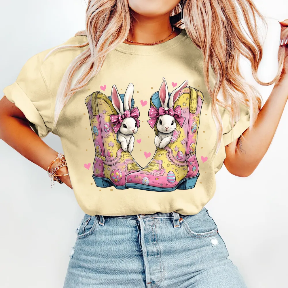 T-shirt Western Easter Bunny and Easter Eggs Women Printed Round Neck Short Sleeve