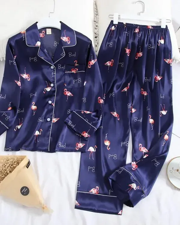Long Sleeve Pajamas Ice Silk Printing Fashion Sleepwear Set