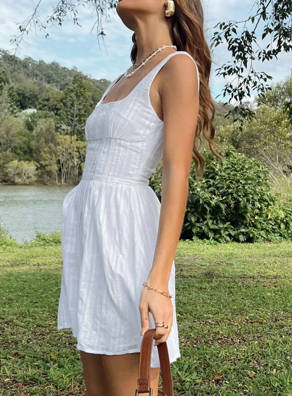 White Square Neck Smocked Mini Dress