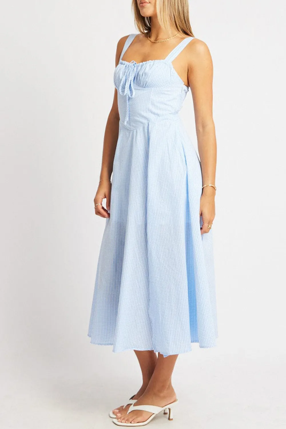 Blue Check Midi Dress Gathered Bust