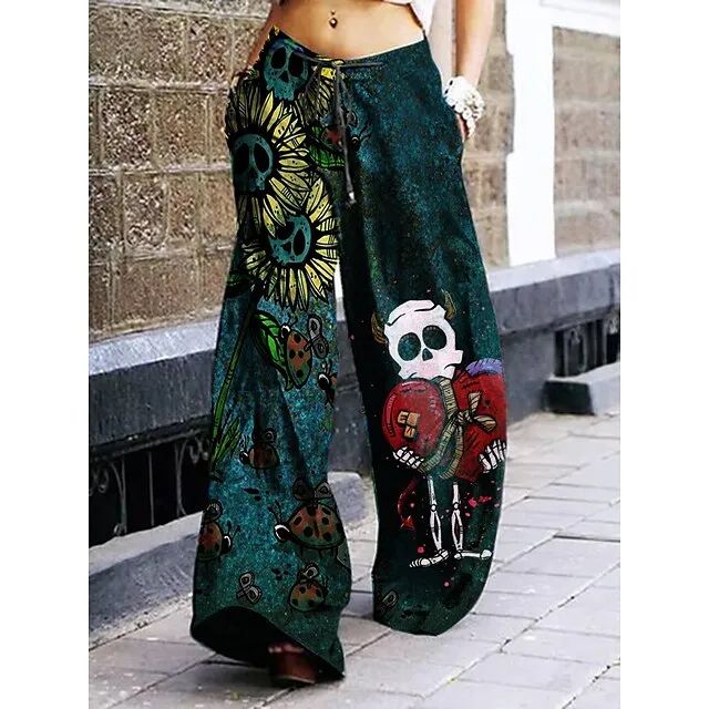 Women's Wide Leg Chinos Pants Trousers Short Baggy Micro-elastic Mid Waist Streetwear Casual Office Halloween Black Green Gray Green M L Summer Spring &  Fall
