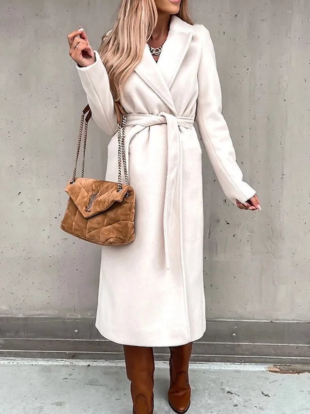 Women's Winter Coat Coat Daily Going out Fall Winter Long Coat Regular Fit Thermal Warm Casual Jacket Long Sleeve Solid Color Lace up Black White Khaki