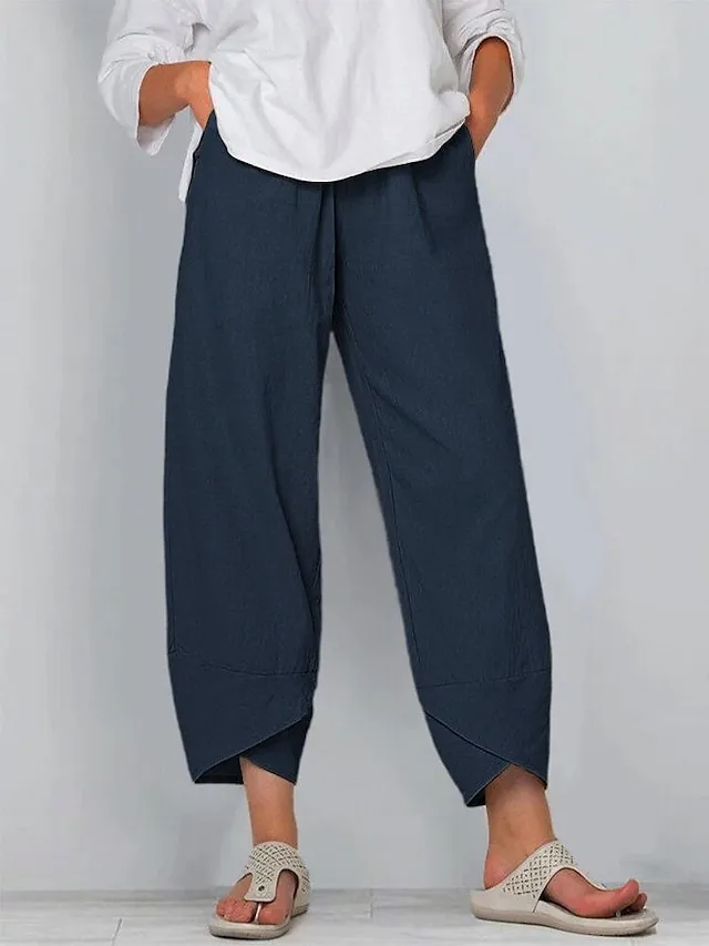 Women's Linen Pants Chinos Pants Trousers Cotton Plain Side Pockets Baggy Ankle-Length Mid Waist Fashion Casual Weekend Navy Blue khaki S M