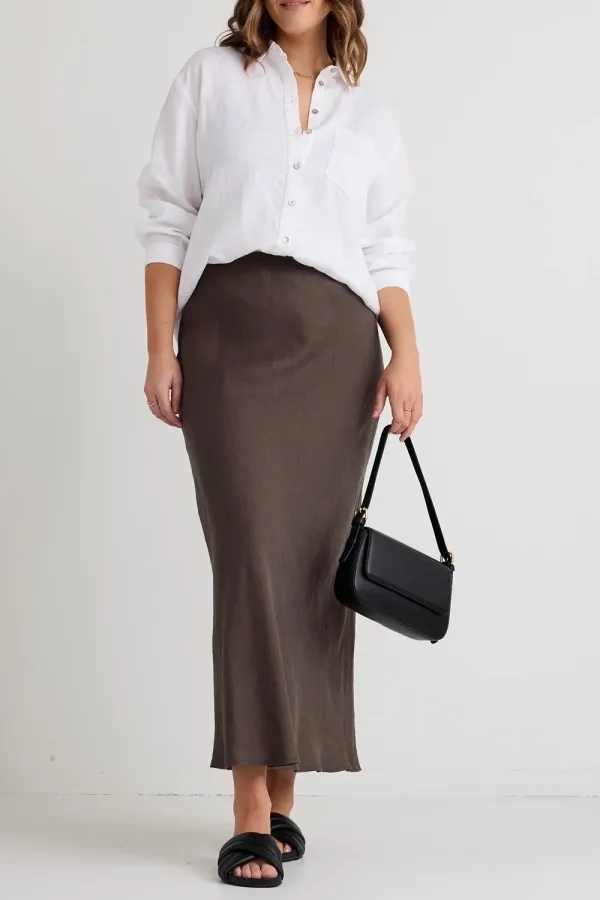 Brown Satin Midi Pencil Skirt