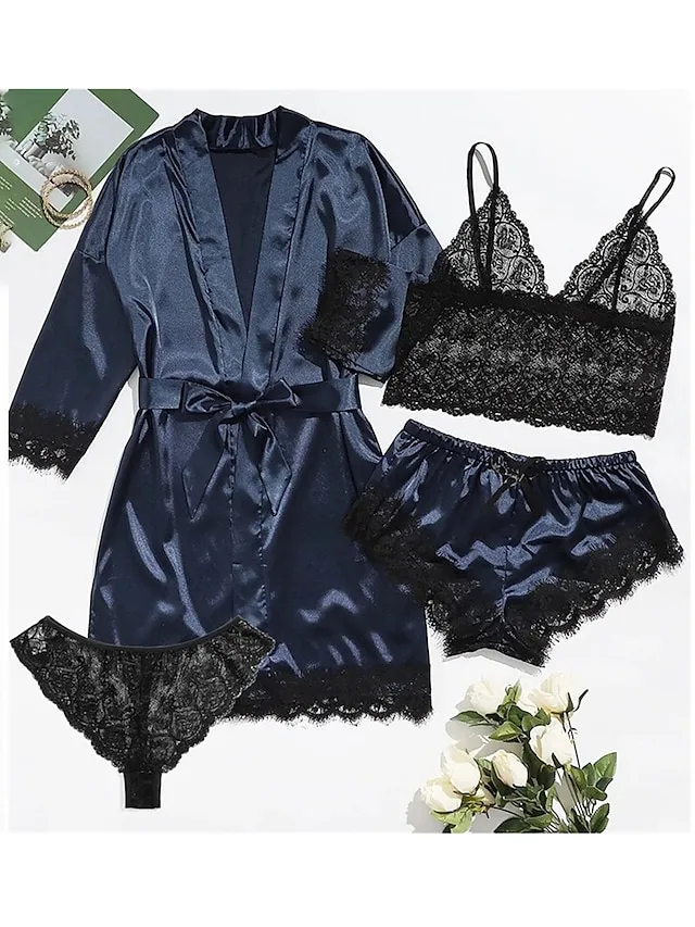 Women's Lace Satin Silk Pajamas Sets 4 Pieces Pure Color Simple Casual Soft Home Daily Bed Satin Breathable V Wire Long Sleeve Shorts Summer Spring Black Pink