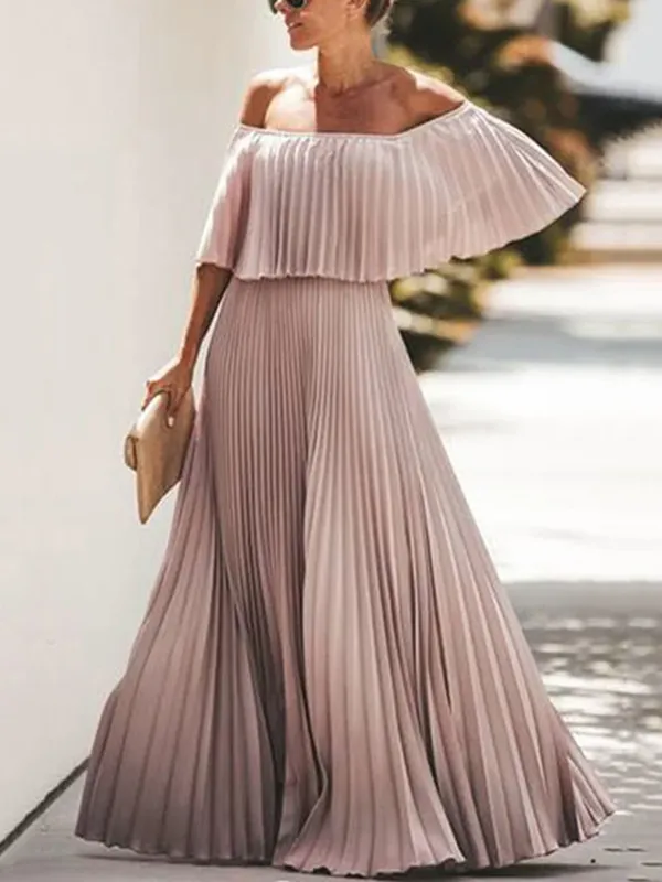 Loose Pleated Solid Color Off-The-Shoulder Maxi Dresses