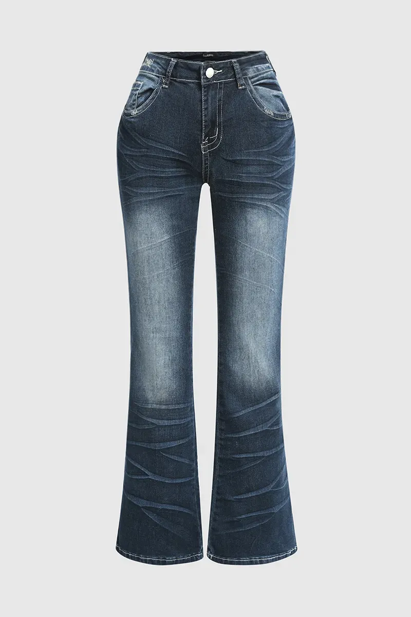 Mid Waist Pocket Straight Leg Jeans