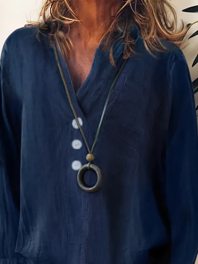 Solid Loosen Casual Cotton V Neck Top