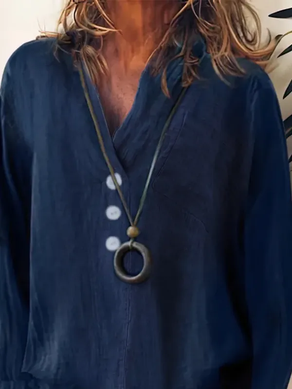 Solid Loosen Casual Cotton V Neck Top