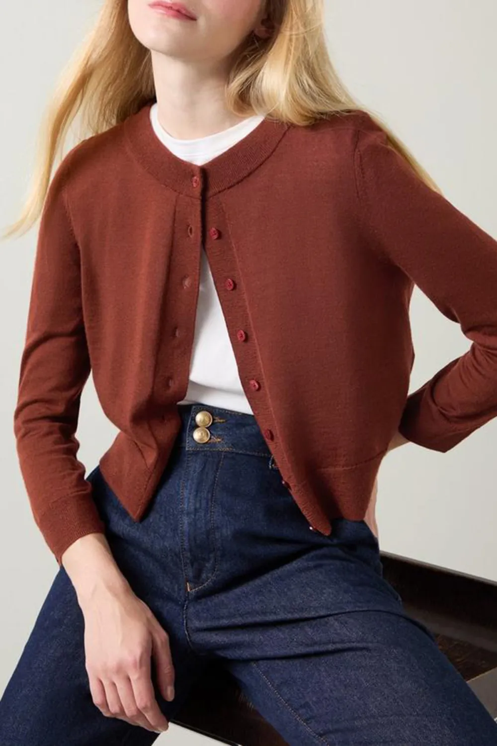 Rust Colored Cropped Button Front Knit Cardigan