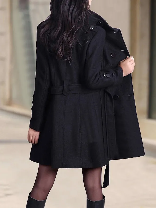 Women's Winter Coat Long Overcoat Double Breasted Stand Collar Pea Coat with Pockets Thermal Warm Windproof Trench Coat with Belt Elegant Contemporary Jacket Long Sleeve Black