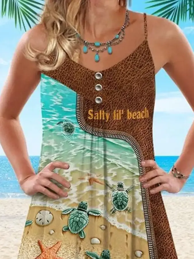 Vacation Sea Turtle Starfish Print Spaghetti Strap Dress Swimsuit Coverup