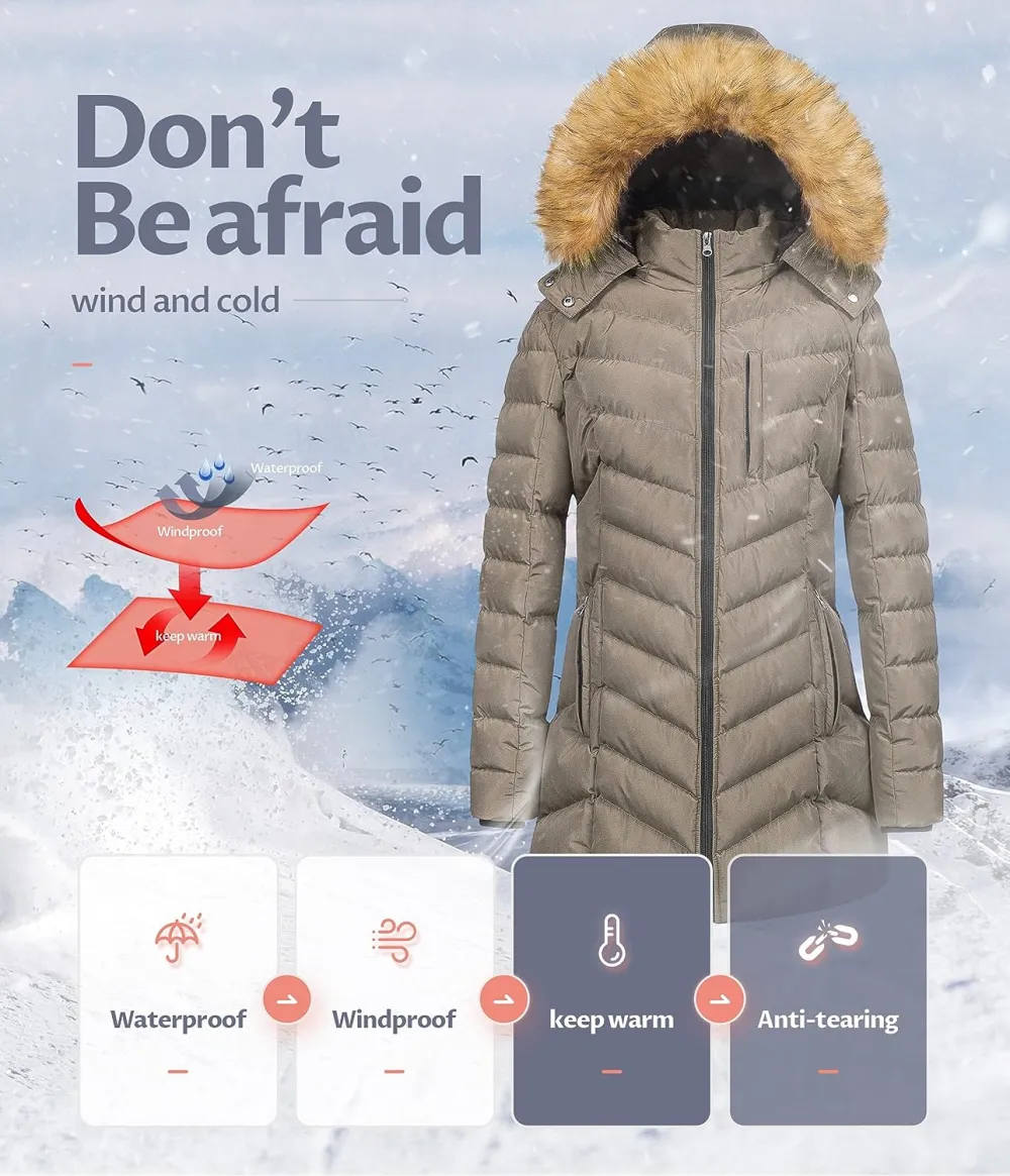 US Women's Winter Hooded Coat Waterproof Warm Long Puffer Jacket Parka