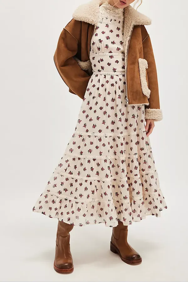 Long Sleeve Floral Print Tiered Midi Dress