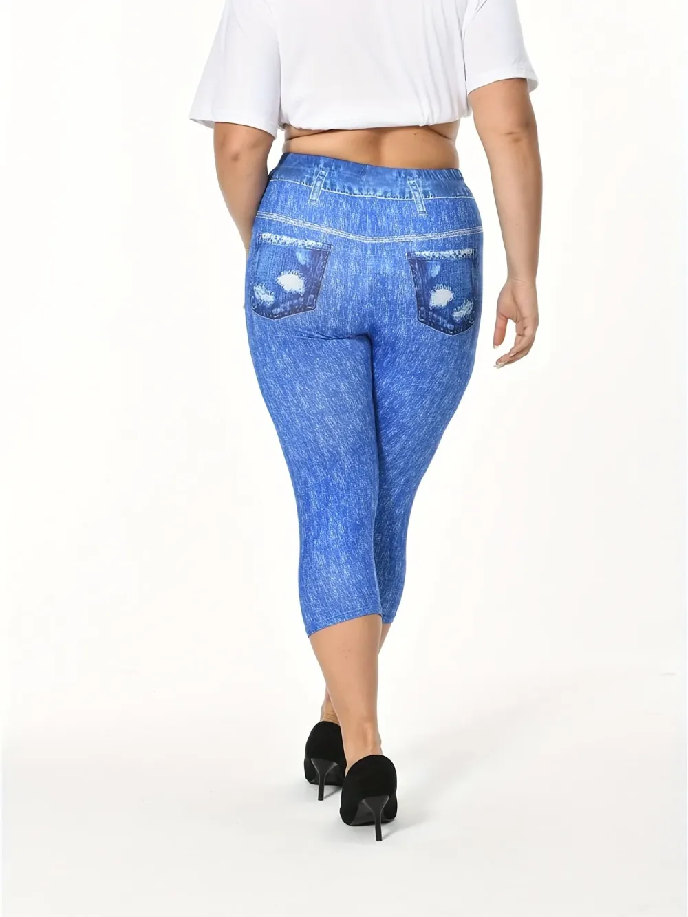 Plus Size Casual Leggings, Women's Plus Flag & Denim Print High Rise Stretchy Capri Leggings