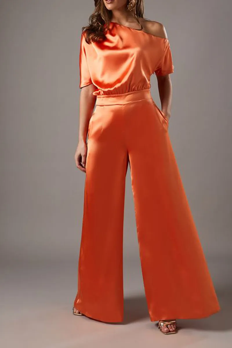 Casual Style One Shoulder Satin Orange Jumpsuit