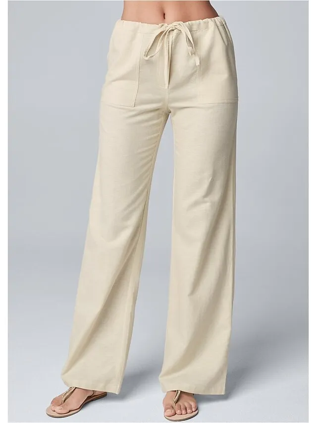 Women's Wide Leg Linen Pants Pants Trousers Full Length Cotton Faux Linen Side Pockets Wide Leg Fashion Casual Daily White Khaki S M