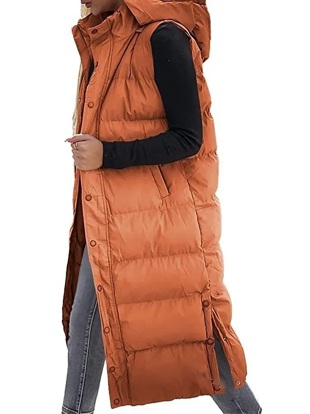 Women's Puffer Vest Long Winter Coat Sleeveless Hooded Jacket Thermal Warm Parka Windproof Gilet Zipper Outerwear Fall