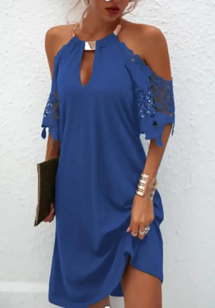 Newtown Metal Hanging Neck Hollow Out Sleeve Dress