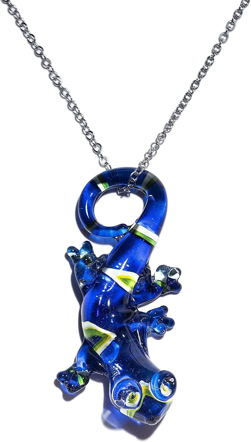 Handmade Large Blue Lizard Art Glass Blown Animal Figurine Pendant Necklace Jewelry
