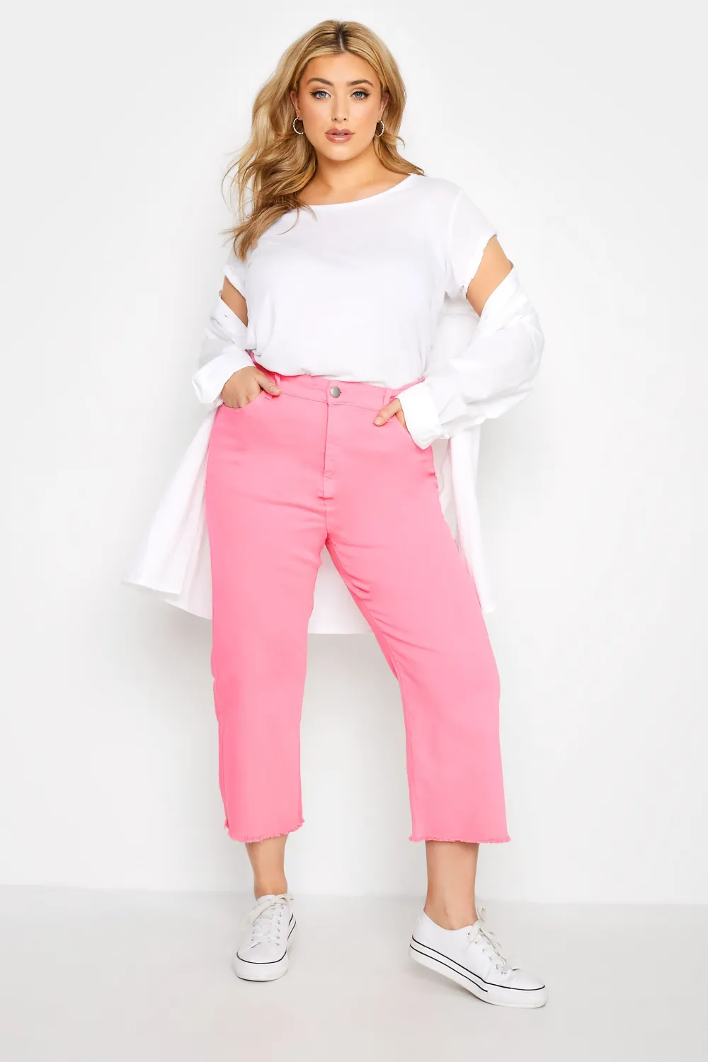 YOURS Curve Pink Stretch Wide Leg Cropped Jeans