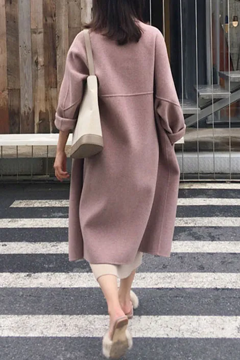 Solid Elegant Faux Woolen Lapel Coat