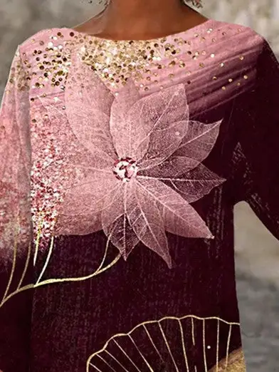 Women Asymmetrical 3/4 Sleeve Scoop Neck Floral Printed Graphic Top Dress