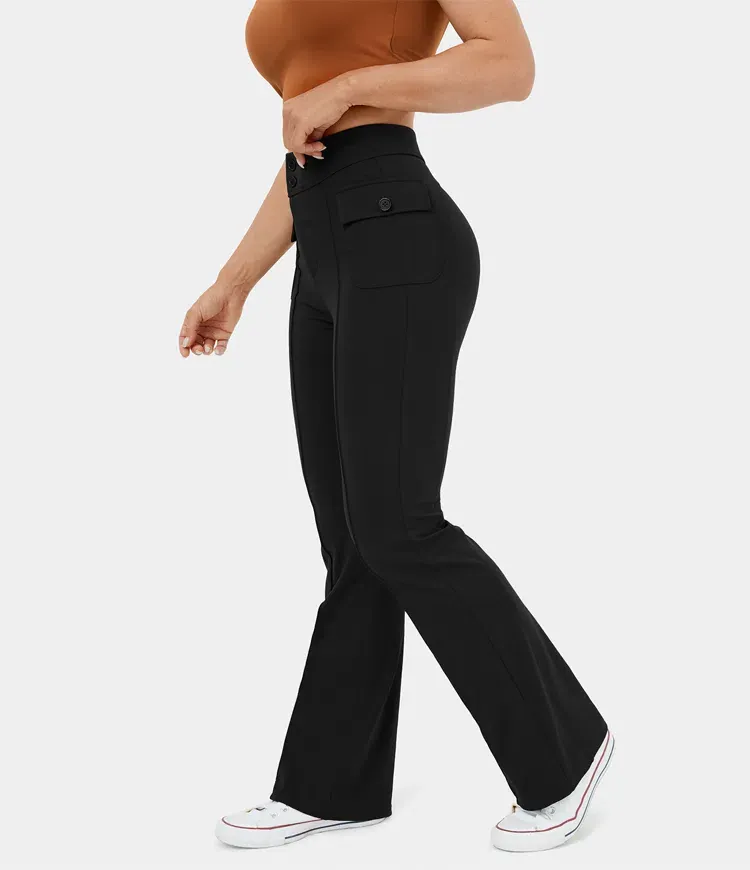 High Waisted Button Side Flap Pocket Flare Casual Cargo Pants