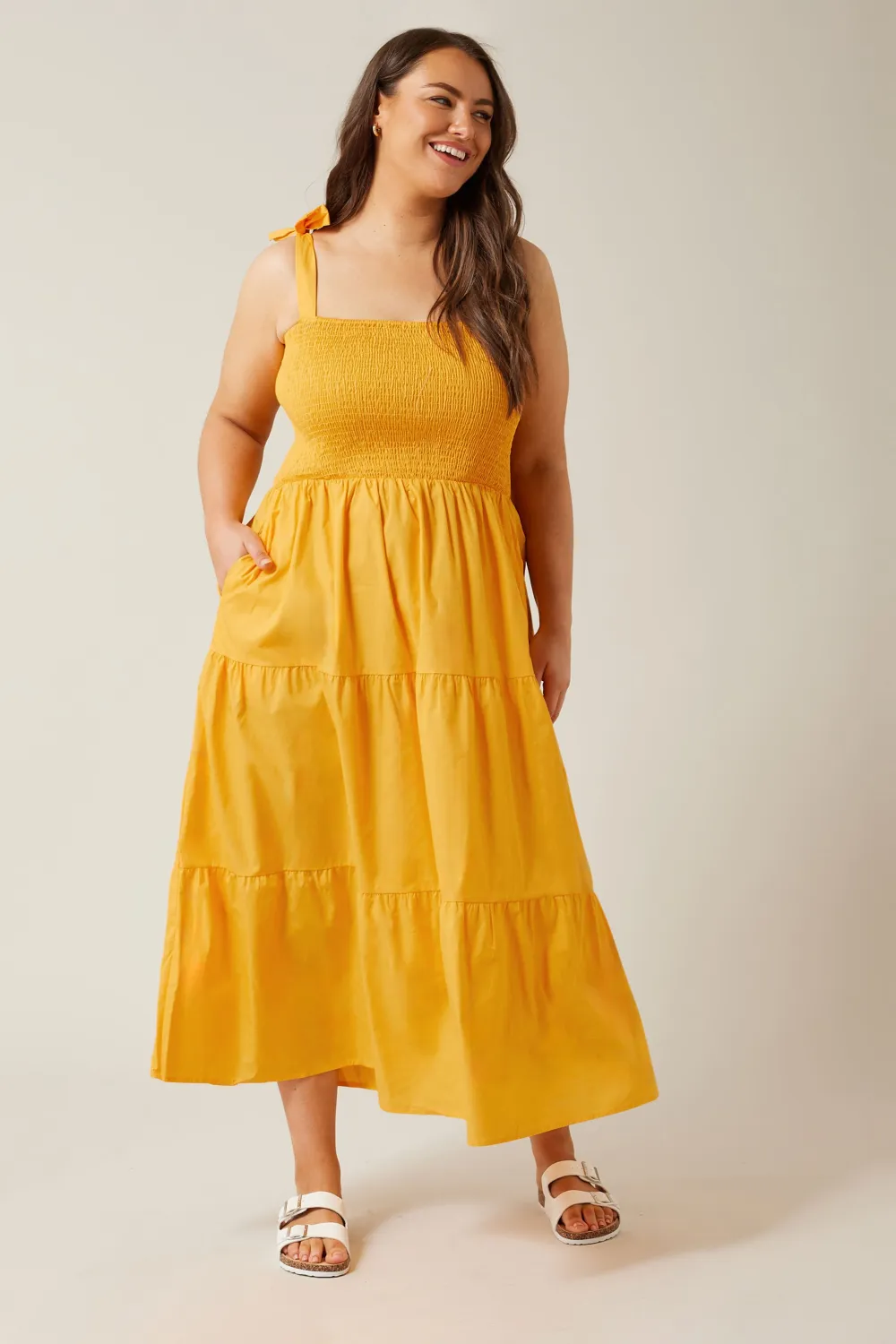 Evans Yellow Shirred Maxi Dress