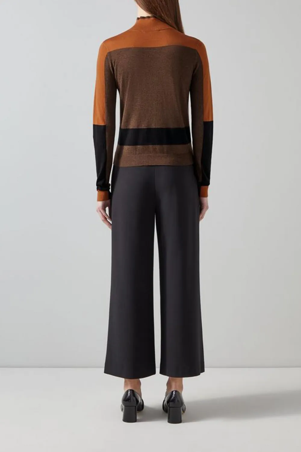 Brown Toned Color Blocked Turtleneck Knit Top