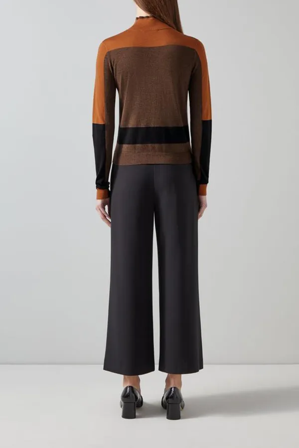 Brown Toned Color Blocked Turtleneck Knit Top