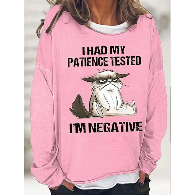 Women's Sweatshirt Pullover Active Sports Streetwear Black Pink Red Cat I HAD MY PATIENCE TESTED Oversized Sports Round Neck Long Sleeve Micro-elastic Fall & Winter